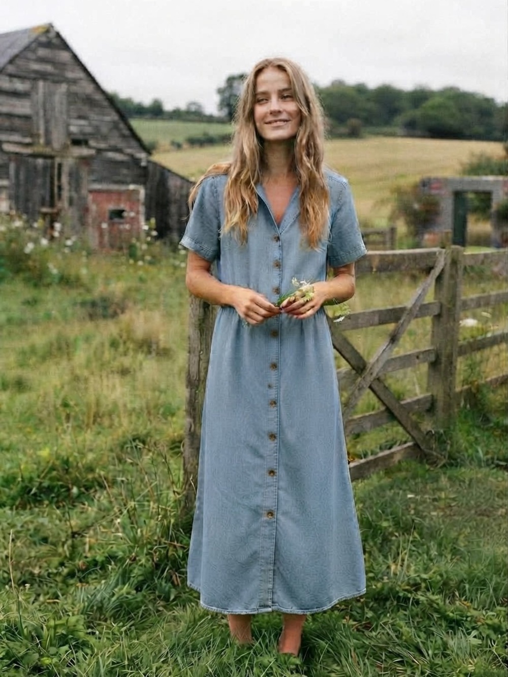 United Colors Benetton Denim Midi Dress L Button Front Cotton Cottagecore Boho